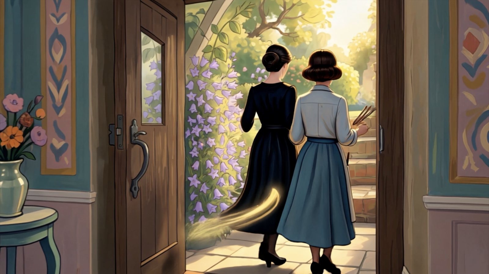 Animated still: two women seen from behind step through an open wooden door into a sunlit garden of lilac bell flowers, a ribbon of golden light trailing from one skirt