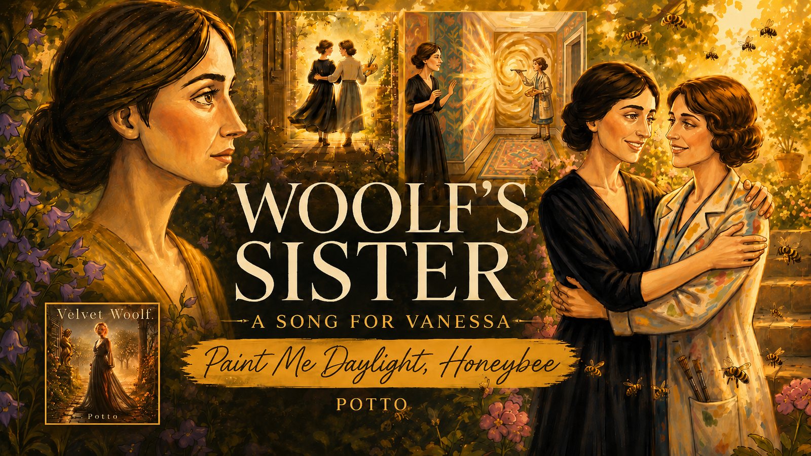 Woolf's Sister: a song for Vanessa. Painted portraits of two sisters in a golden garden full of bees, one in black, one in a paint-stained smock